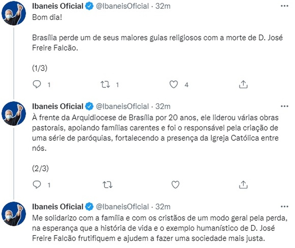 Ibaneis Rocha comenta sobre morte de arcebispo, em Brasília — Foto: Twitter/Reprodução