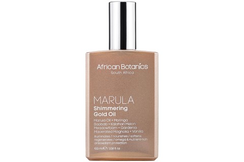 O óleo corporal Marula Shimmering Gold Oil, da African Botanics (US$ 85), deve seu poder de hidratação e seu cheiro ao mix de marula, baobá e nelão Kalahari