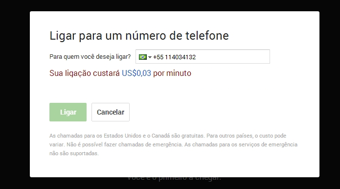 Hangouts abre em popup e pede a confirmação do país para efetuar chamada (Foto: Reprodução/Paulo Alves)