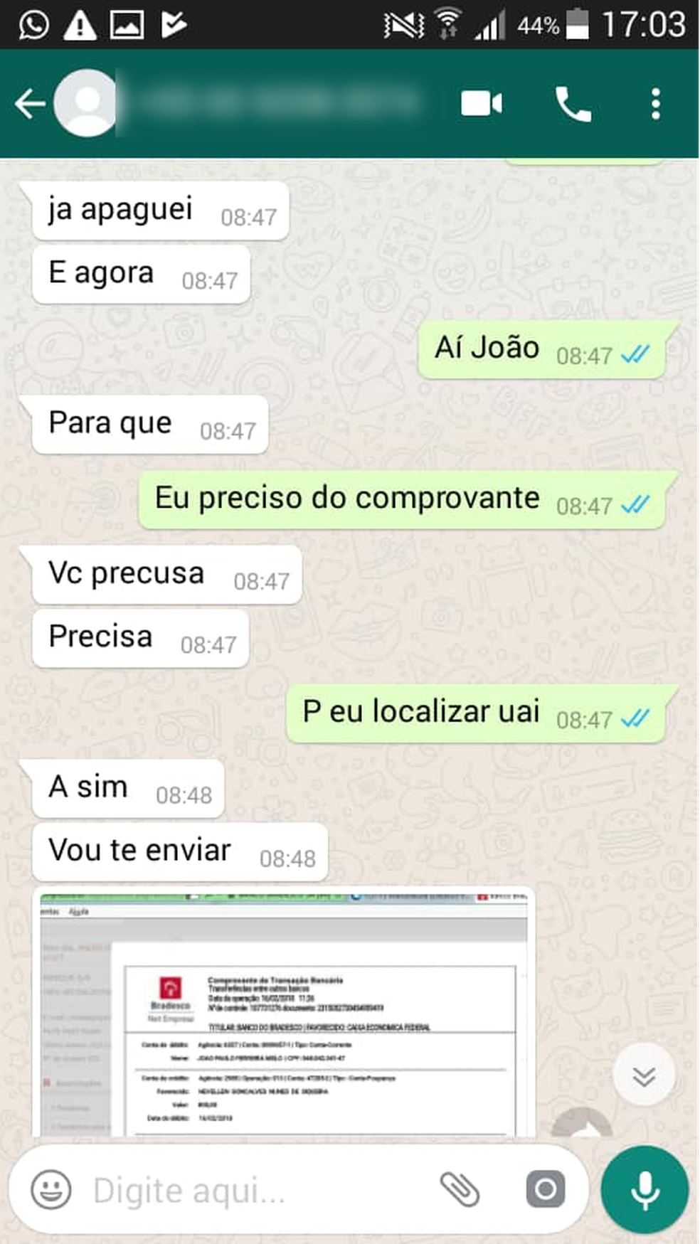 Golpista envia susposto comprovante de depósito (Foto: Arquivo pessoal)