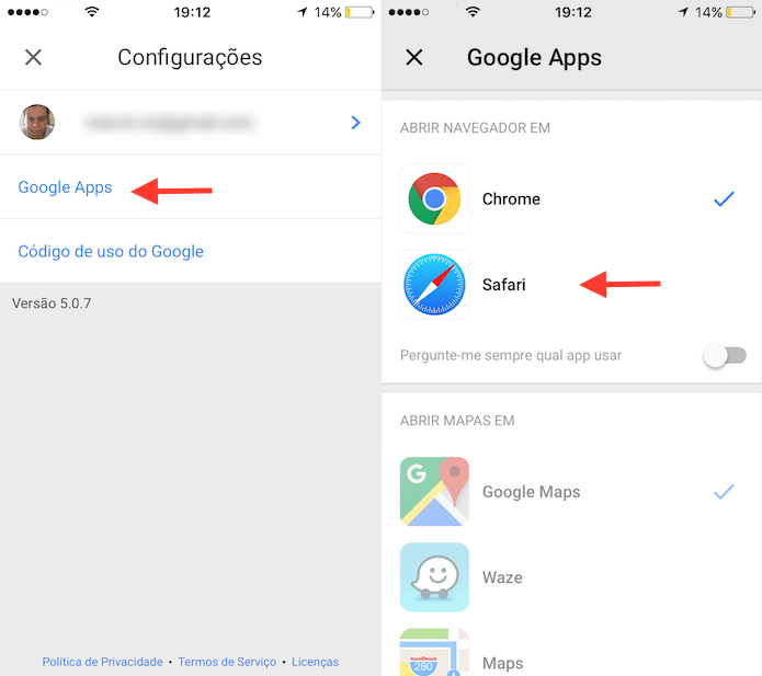 Opção para redefinir o navegador padrão do Gmail para iPhone (Foto: Reprodução/Marvin Costa)