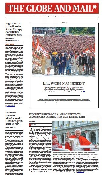 Jornal canadense 'The Globe And Mail' destaca a posse de Lula — Foto: Reprodução