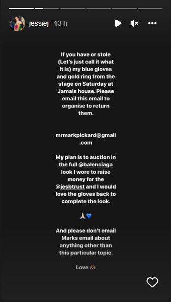 Jessie J pede para devolverem itens furtados (Foto: Reprodução/Instagram)