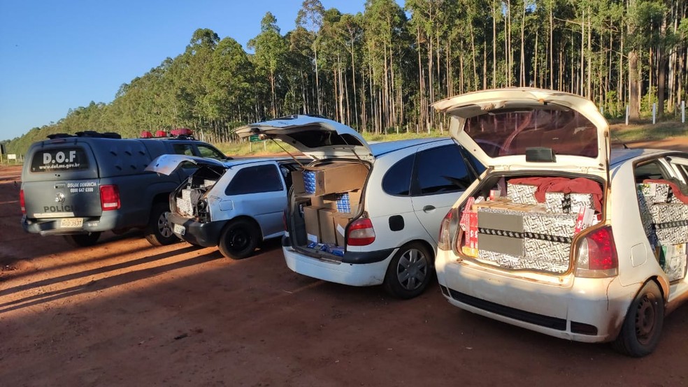 Veículos com produtos contrabandeados foram apreendidos em Ponta Porã (MS) — Foto: DOF/Divulgação