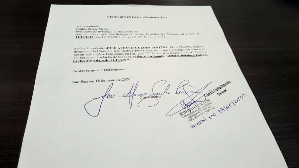 Requerimento endereçado ao presidente Sérgio Meira — Foto: Reprodução