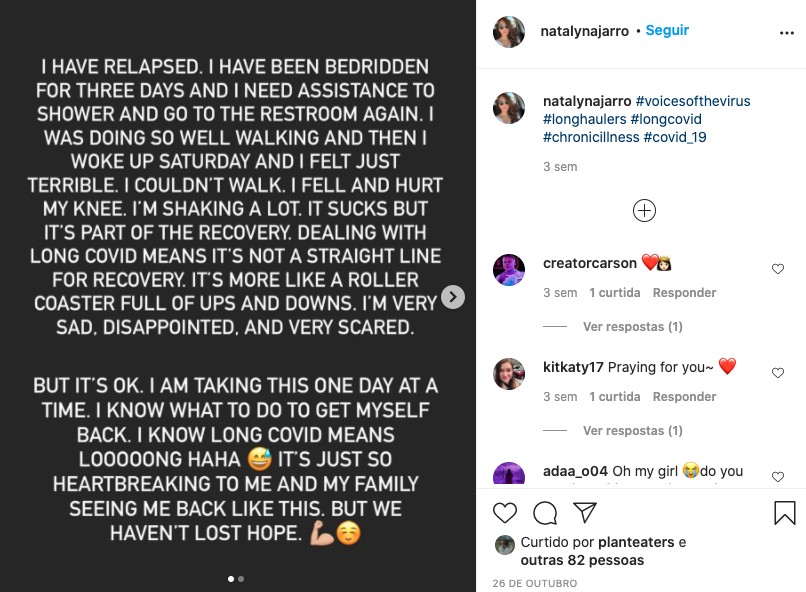 Nataly sofre com os sintomas da chamada Covid de longa duração (Foto: Reprodução/Instagram)