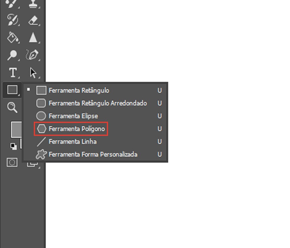 Como desenhar formas no Photoshop? Ação para selecionar a ferramenta de polígono — Foto: Reprodução/Leon Ferrari