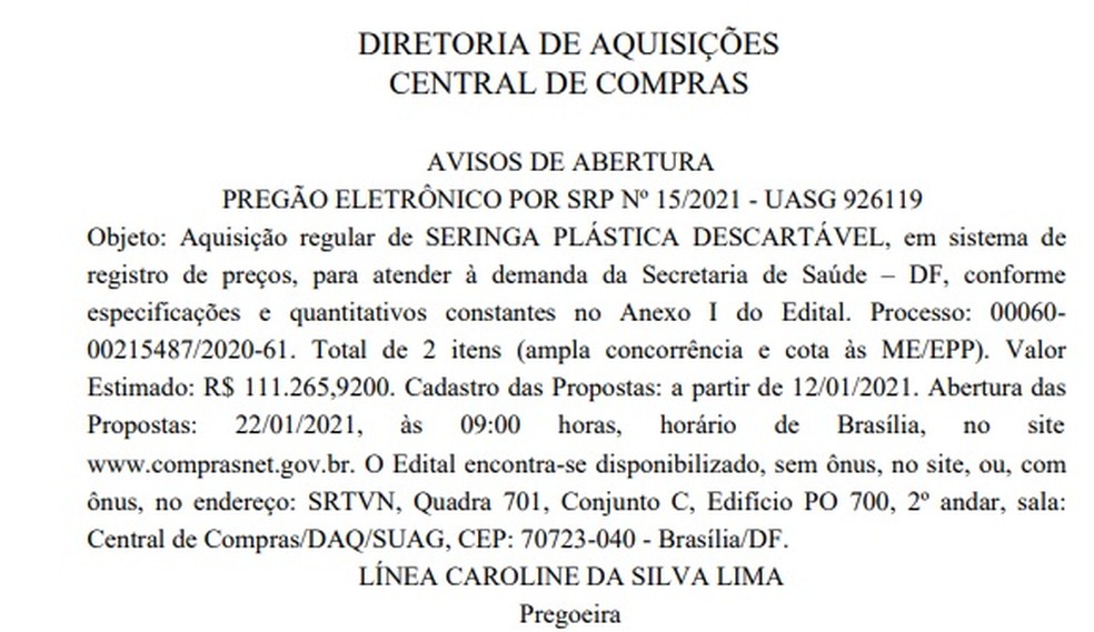 Pregão eletrônico para compra de seringas publicado no Diário Oficial do DF — Foto: DODF/Reprodução