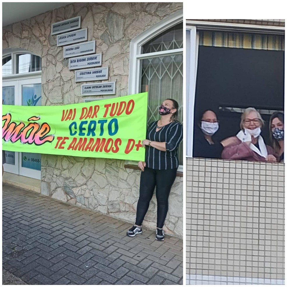 Claudia levou uma faixa com mensagens para a mãe que estava internada no hospital  — Foto: Arquivo pessoal 