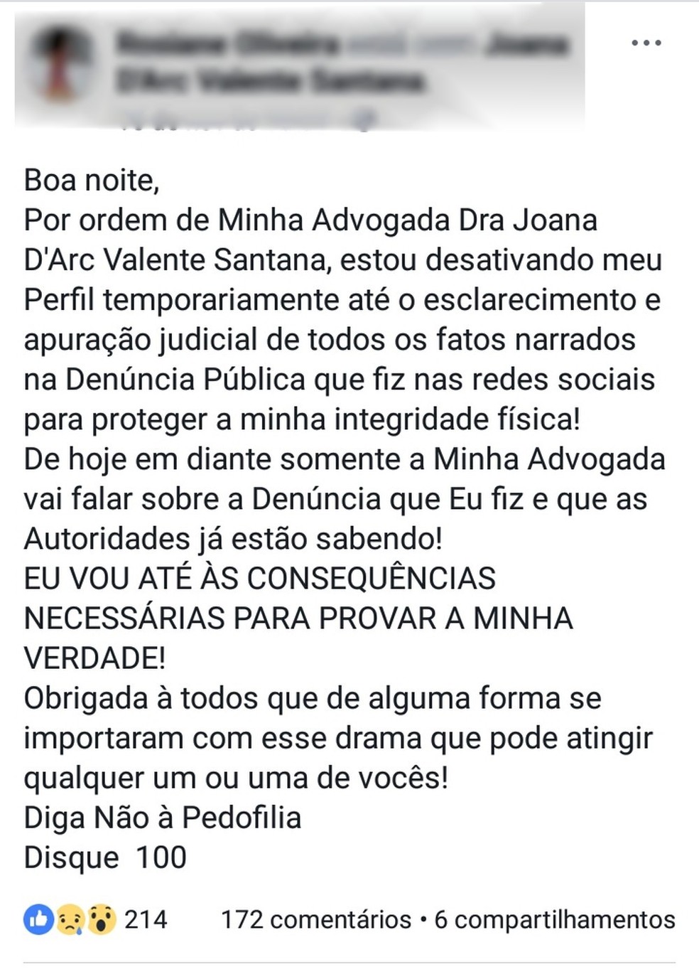 Adolescente afirma que desativou Facebook por orientação de advogada (Foto: Reprodução/Facebook)