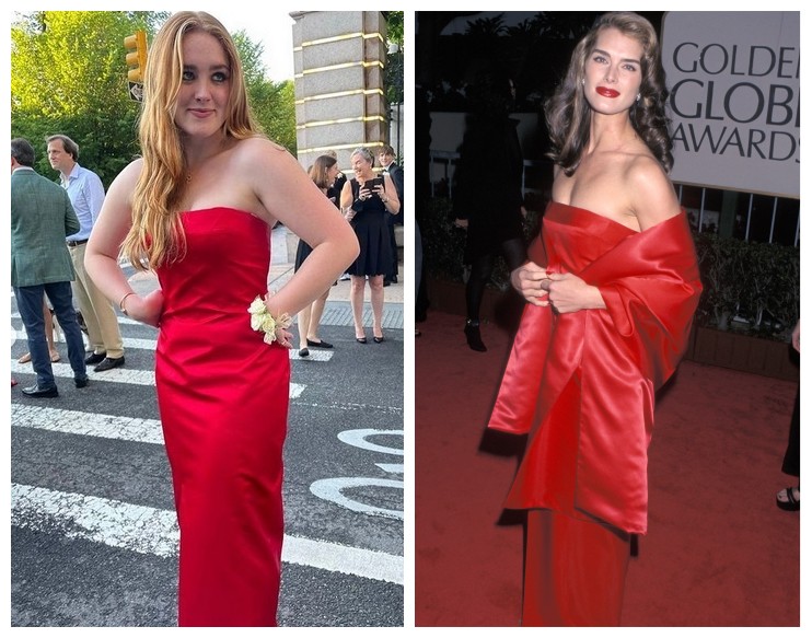 A filha de 18 anos de Brooke Shields com o mesmo vestido usado pela mãe no Globo de Ouro de 1998 (Foto: Instagram/Getty Images)