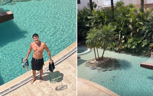Rodrigo Faro limpa piscina gigante de sua mansão: "Piscineiro"