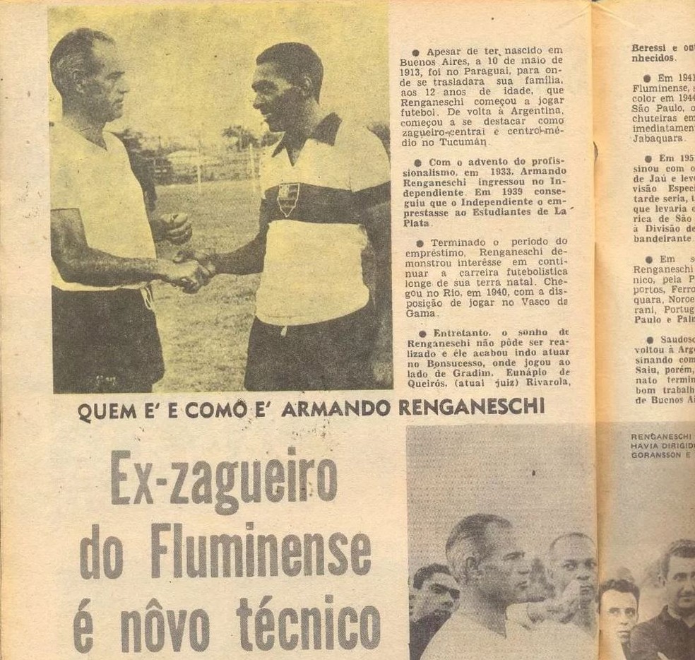 Renganeschi ao lado de jogadores do Fla em registro de revista — Foto: Reprodução / Manchete Esportiva