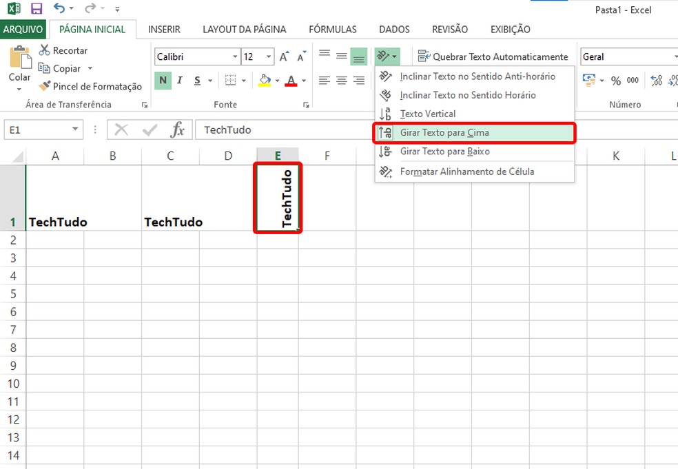 É possível escrever na vertical no Excel e mudar a orientação para criar menus laterais — Foto: Reprodução/Rodrigo Fernandes