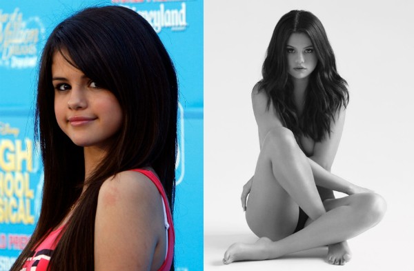 Selena Gomez aos 15 anos, em 2007, e no encarte de seu próximo álbum (Foto: Getty Images/Reprodução)