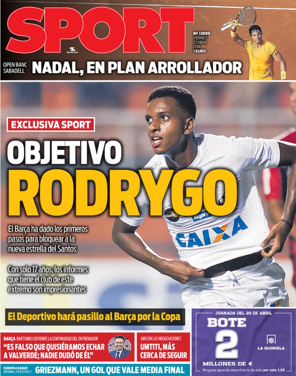 Capa do jornal Sport, da Cataunha, coloca Rodrygo como objetivo do Barcelona (Foto: Divulgação/Sport)