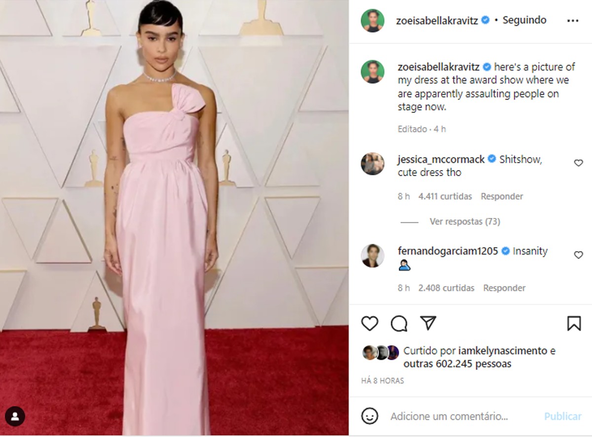 Zoë Kravitz alfineta Will Smith após tapa em Chris Rock no Oscar 2022 (Foto: Reprodução/Instagram)