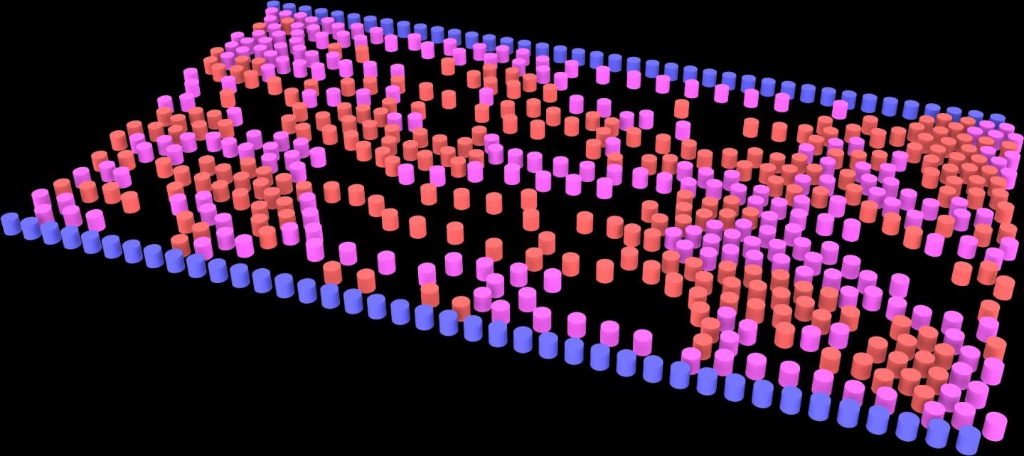 Simulação do fluxo de pedestres (pontos rosa e vermelhos) confinados em um corredor (barreira azul), em condição de pouca distância social (Foto: Kelby Kramer e Gerald J. Wang)