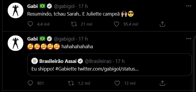 Gabigol fala de ship com Juliette (Foto: Reprodução/Twitter)