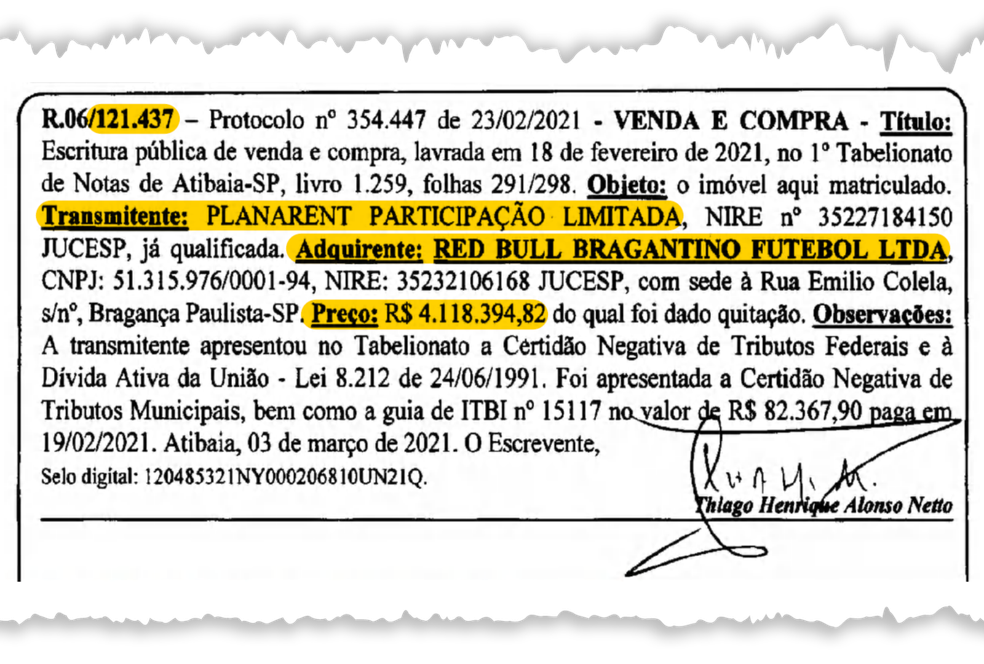Família Chedid vende terreno de matrícula 121.437, em Atibaia, para a Red Bull — Foto: Reprodução