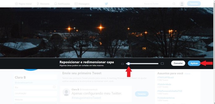 É possível ajeitar a foto de capa para cima ou para baixo e para a esquerda ou para a direita (Foto: Reprodução/Clara Barreto) É possível ajeitar a foto de capa para cima ou para baixo e para a esquerda ou para a direita (Foto: Reprodução/Clara Barreto)