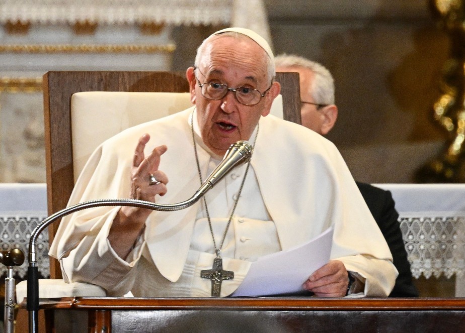 O Papa Francisco durante discurso em Budapeste, na Hungria, nesta sexta-feira