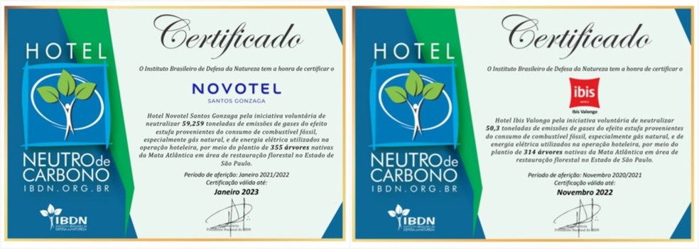 Certificados dos hotéis neutros de carbono em Santos — Foto: Reprodução