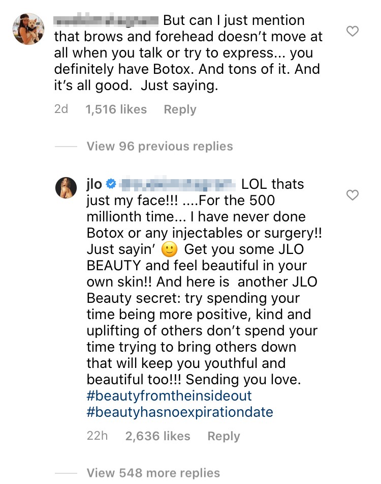 Jennifer Lopez rebate internauta que a acusou de receber 'toneladas' de botox (Foto: Reprodução/Instagram)
