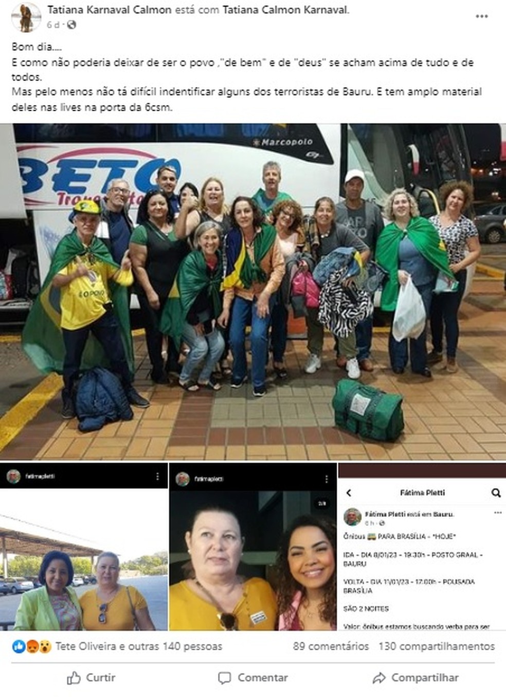 Postagem mostra ônibus que saiu de Bauru (SP) rumo ao DF e Prefeita da cidade — Foto: Facebook/Reprodução