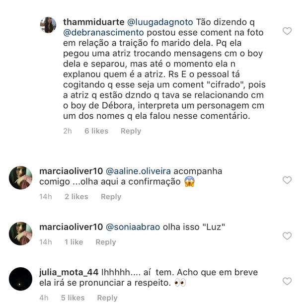 Comentários em foto de Débora Nascimento (Foto: Reprodução/Instagram)