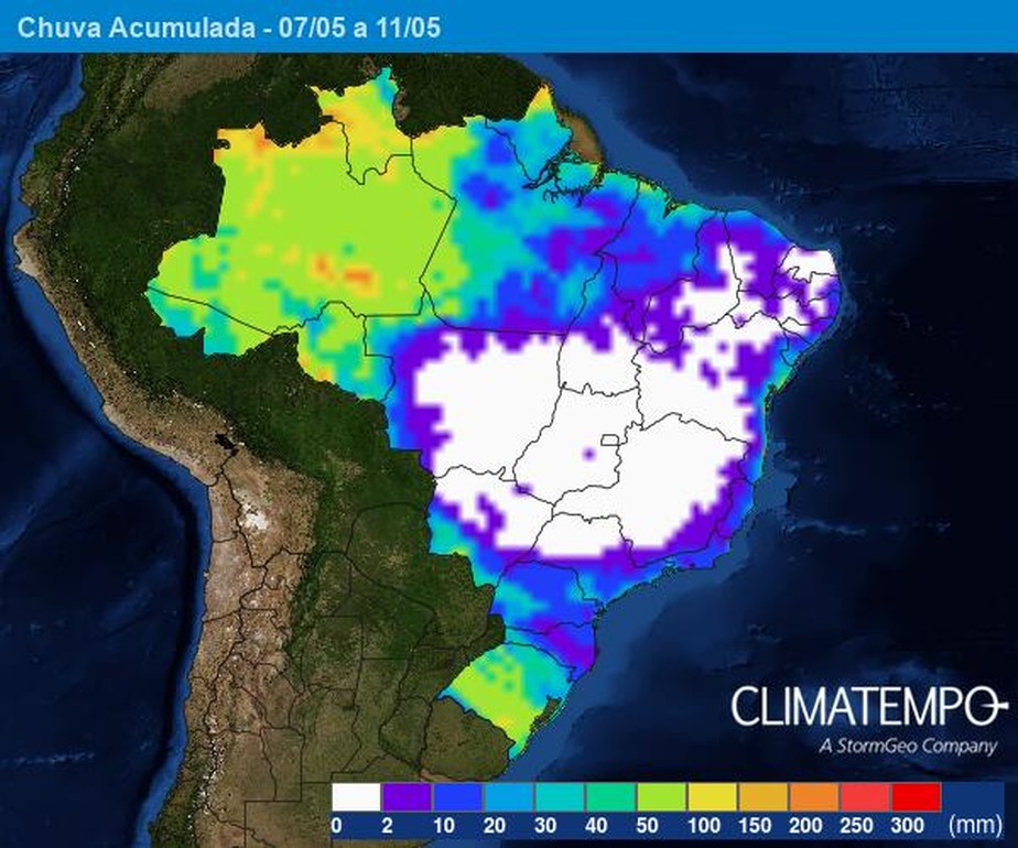 Mapa mostra a previsão de schuva para o Brasil entre os dias 7 e 11 de maio