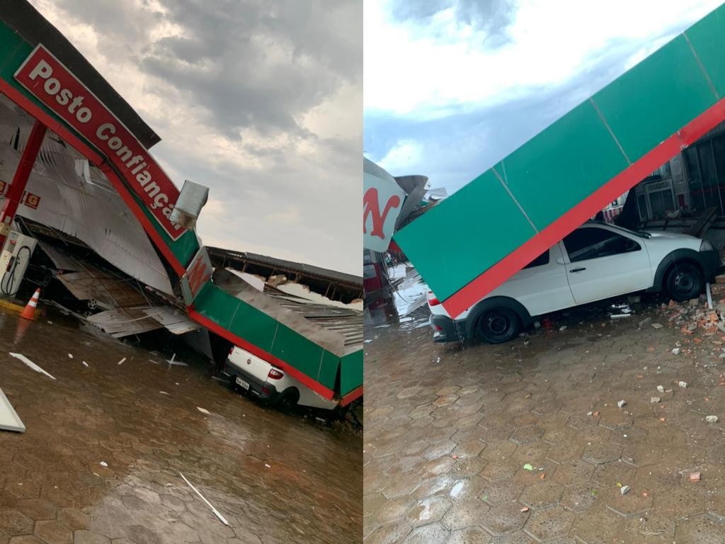 Temporal com ventos de 83 km/h destrói cobertura de posto e provoca prejuízos em MS 