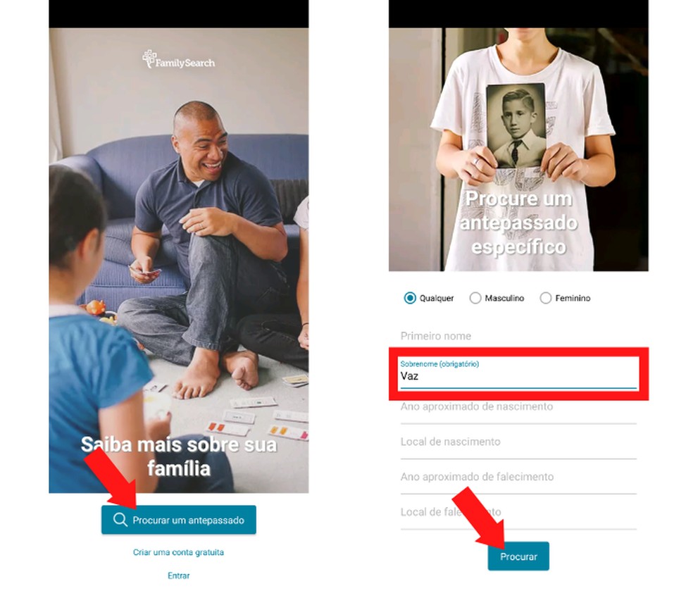 Para usar o FamilySearch e localizar antepassados, o primeiro passo é fornecer um sobrenome  — Foto: Reprodução/Mariana Tralback