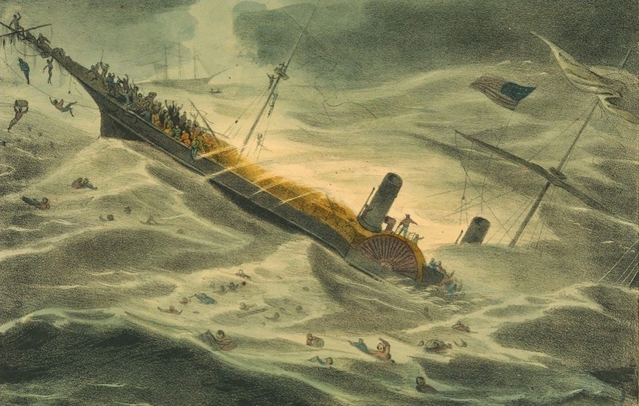Pintura mostra naufrágio do SS Central America durante furacão no mar em 1857