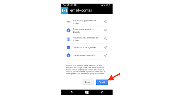 Permitindo a sincronia do Gmail no Windows Phone (Foto: Reprodução/Marvin Costa)