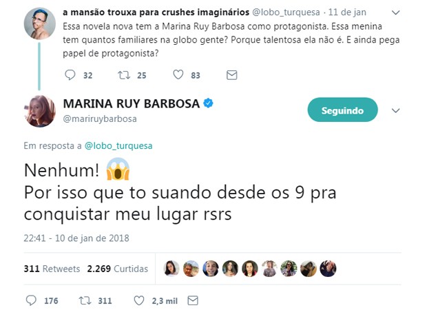 Marina Ruy Barbosa responde comentário de usuário de rede social (Foto: Reprodução/Twitter) Marina Ruy Barbosa responde comentário de usuário de rede social (Foto: Reprodução/Twitter)