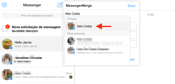 Adicionando contatos do Facebook Messenger a janela de mensagem criada pela extensão MessengerMerge do Google Chrome (Foto: Reprodução/Marvin Costa)