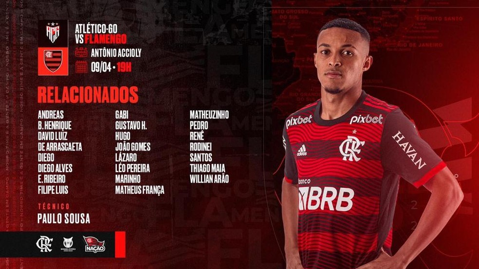 Os relacionados do Flamengo para enfrentar o Atlético-GO — Foto: Reprodução