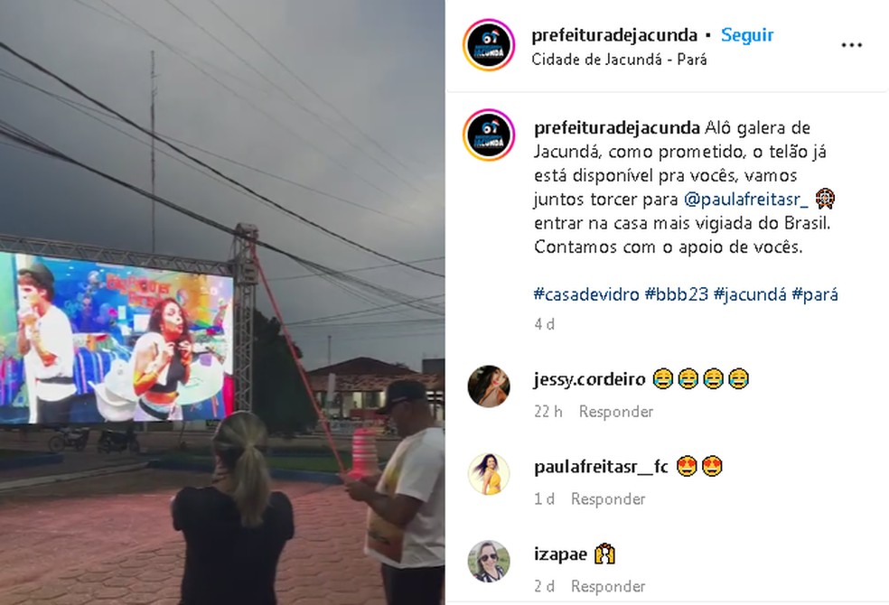 Prefeitura de Jacundá instala telão para acompanhar trajetória de Paula Freitas no programa — Foto: Reprodução