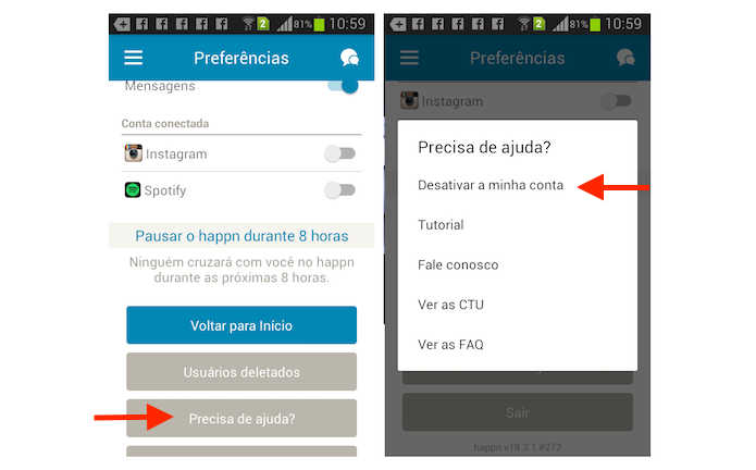 Acessando a opção para deletar uma conta do Happn no aplicativo para Android (Foto: Reprodução/Marvin Costa)