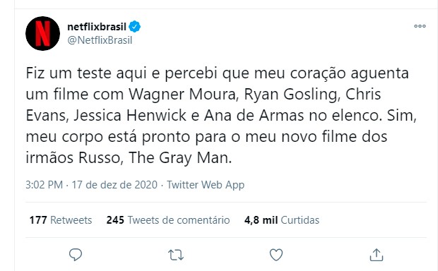 Netflix confirma Wagner Moura em 'The Gray Man', filme com Ryan