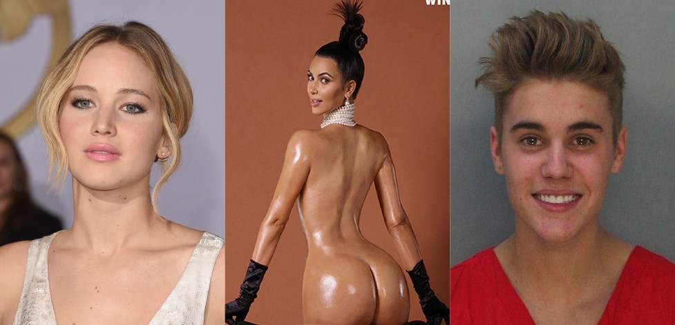Jennifer Lawrence, Kim Kardashian e Justin Bieber tiveram um ano agitado. (Foto: Getty Images)