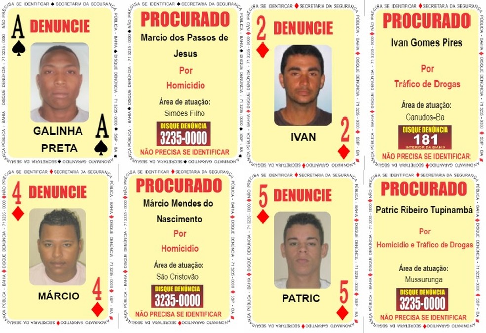 Criminosos adicionados ao 'Baralho do Crime' são procurados por tráfico de drogas e homicídios na Bahia — Foto: Divulgação/SSP