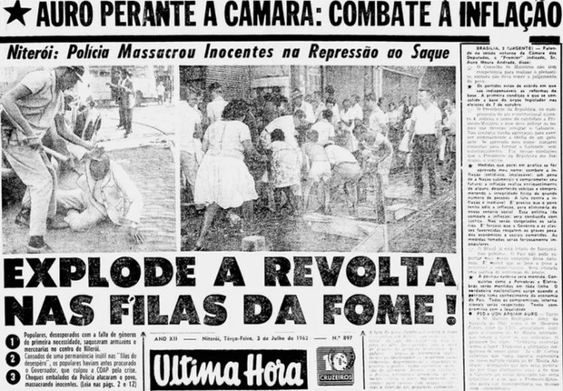 Mesmo antes de 5 de julho, episódios de violência devido à inflação e à fome já explodiam no país. Na manchete do jornal Última Hora de 3 de julho de 1962, saques em Niterói (RJ) (Foto: Reprodução/Última Hora)