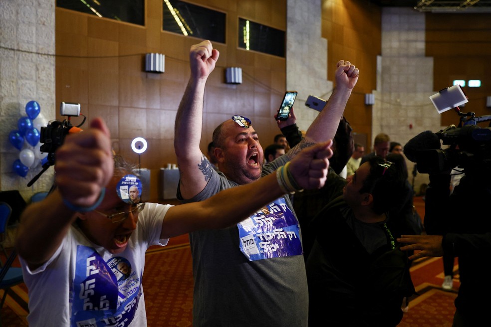 Apoiadores de Netanyahu comemoram pesquisa de boca de urna neste 1º de novembro, em Jerusalém — Foto: Reuters/Ronen Zvulun