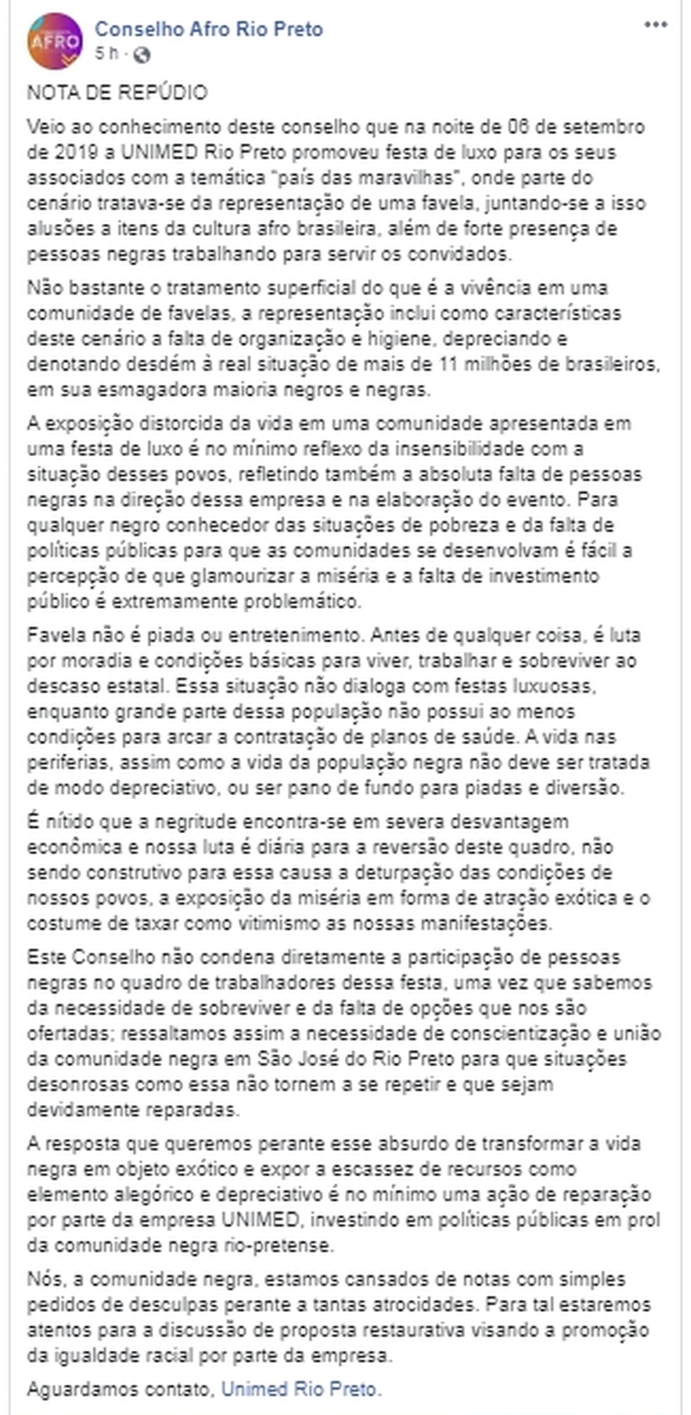 Conselho Afro de São José do Rio Preto publicou nota de repúdio  — Foto: Reprodução/Facebook
