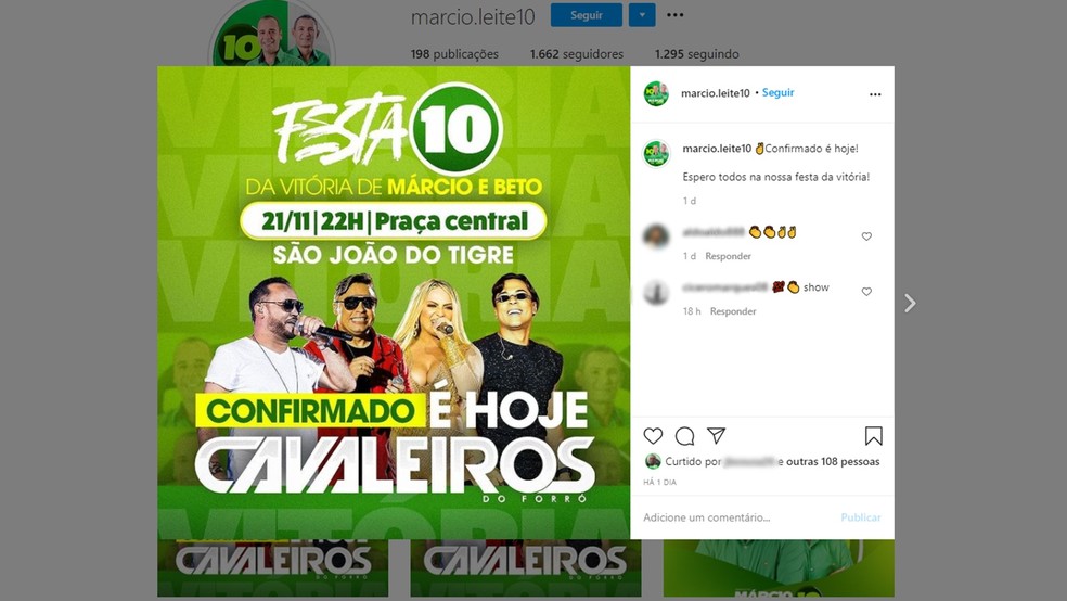 Prefeito eleito de São João do Tigre convocou os moradores da cidade para festa pelas redes sociais — Foto: Reprodução/Instagram/marcio.leite.10