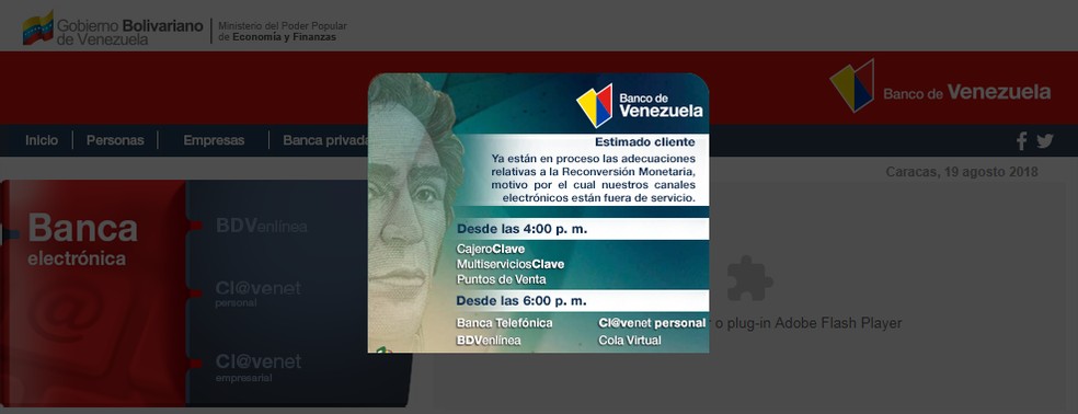 Mensagem em site de banco da Venezuela avisa sobre paralisação dos serviços eletrônicos (Foto: Reprodução/Internet)