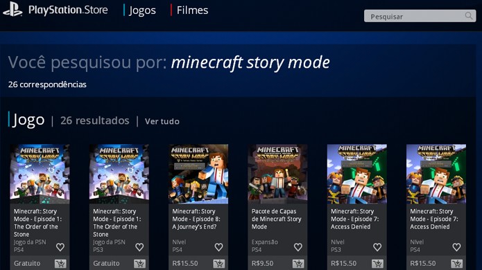 Faça uma busca por Minecraft: Story Mode na PlayStation Store e o primeiro episódio estará nos resultados (Foto: Reprodução/Rafael Monteiro)
