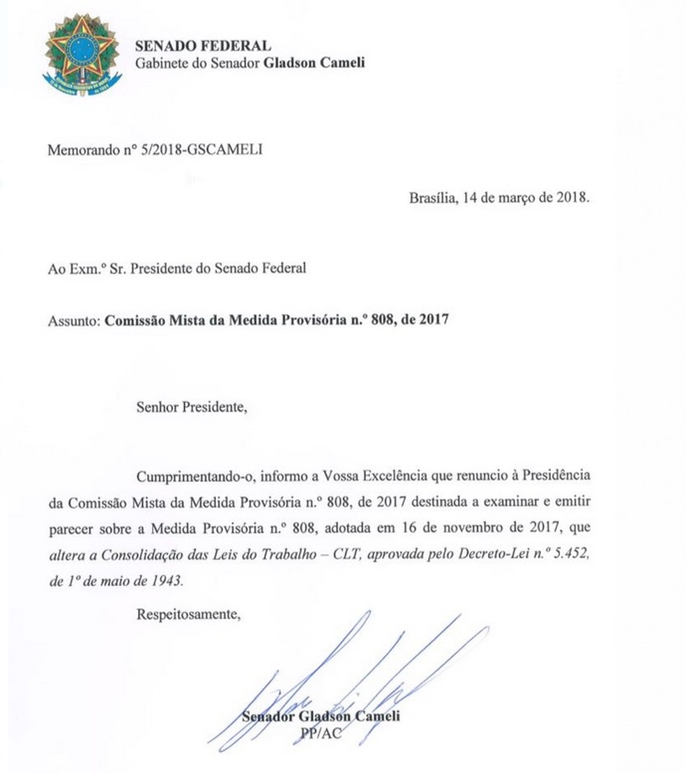 Carta enviada pelo senador Gladson Cameli ao presidente do Senado, Eunício Oliveira (Foto: Reprodução)